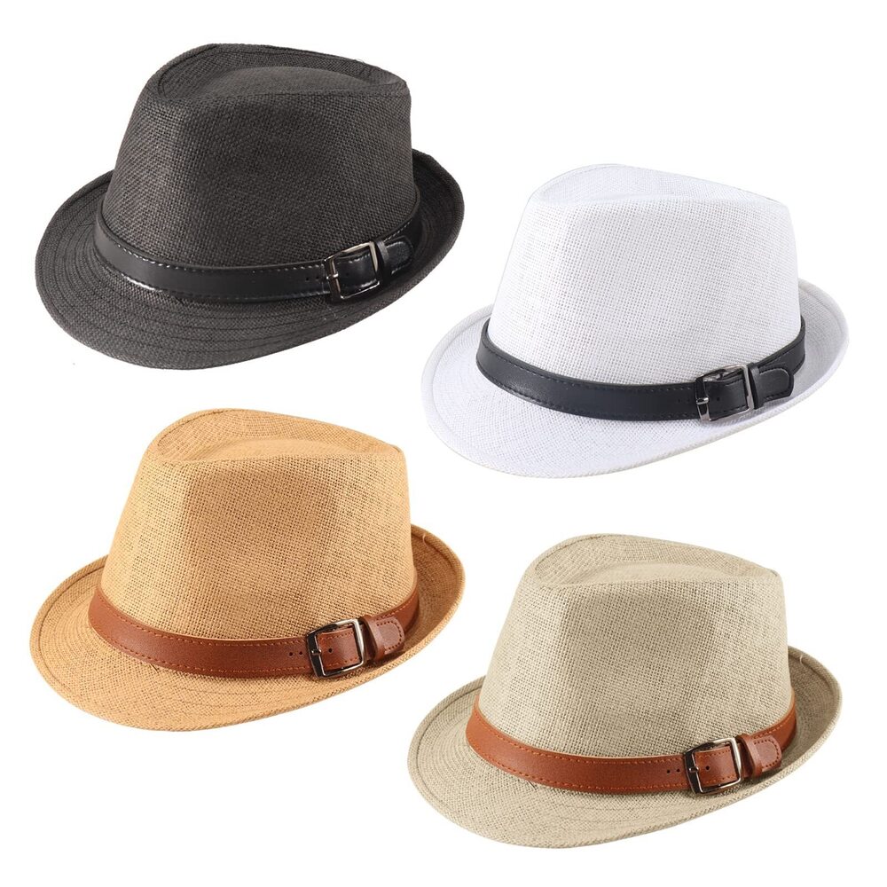 2689 4 Pack Straw Fedora Hat Short Brim Trilby Hat Classic Panama Summer